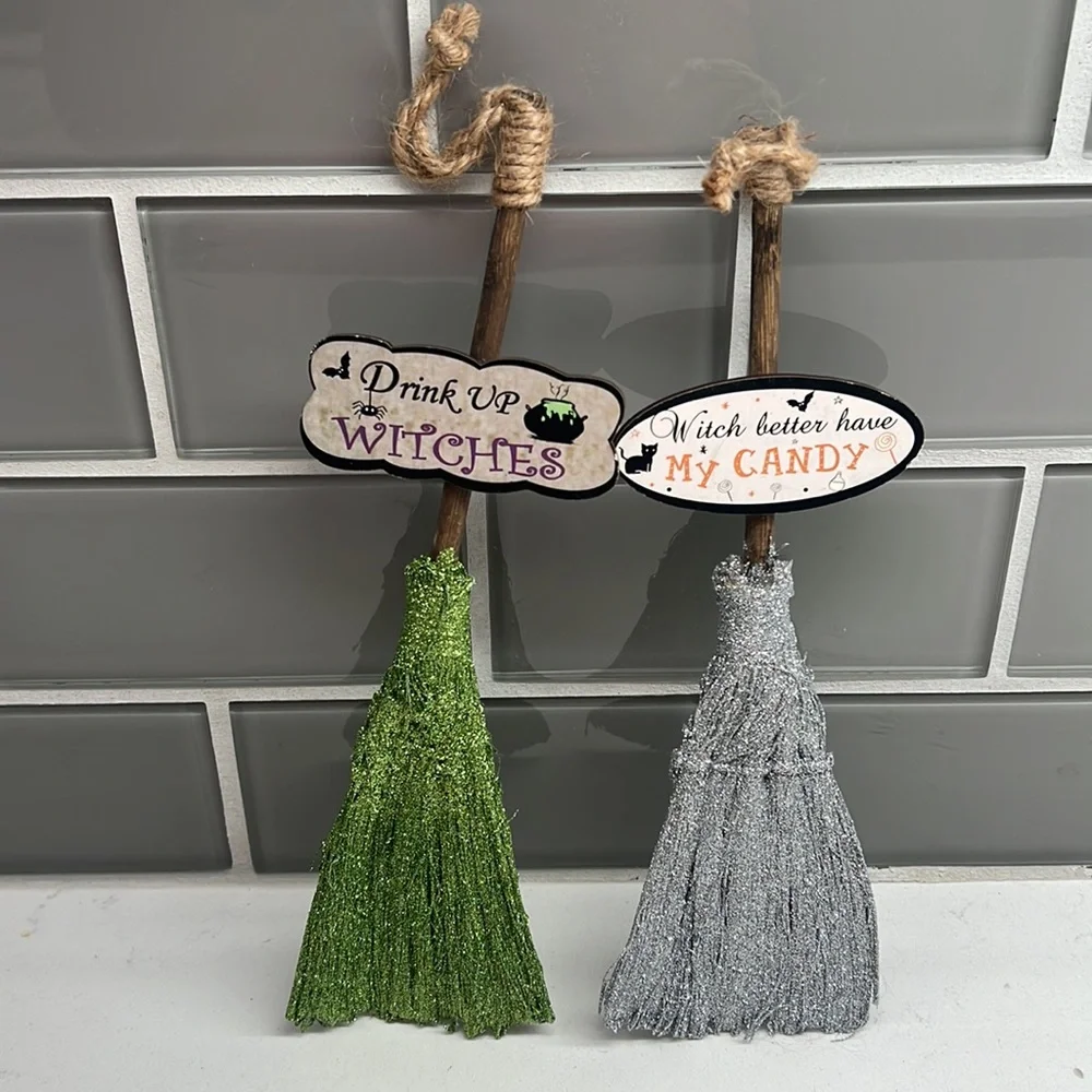 Glittery Witches Broom 11‎ inch Tabletop Halloween Decor Green and Silver